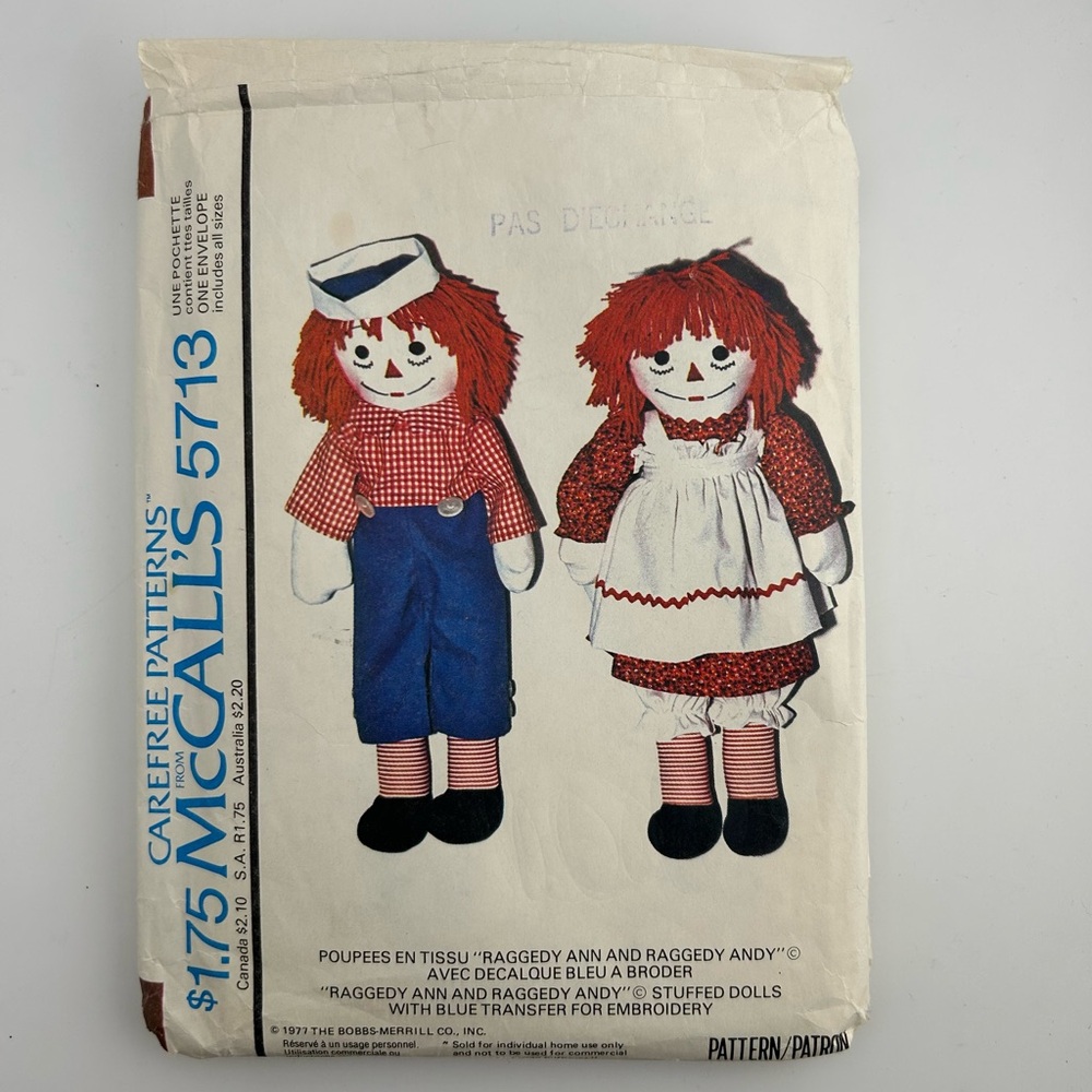 🪡 McCall’s Crafts Stuff Raggedy Rag Dolls Sewing Pattern 5713